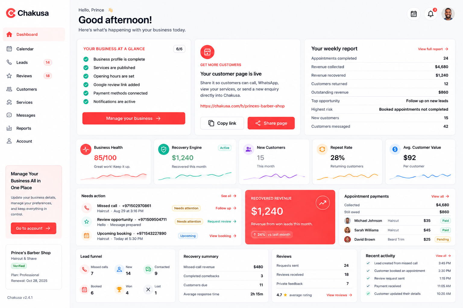 Chakusa business dashboard showing leads, bookings, reviews, and items needing attention