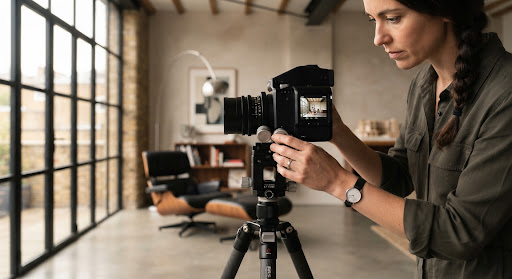 A photographer preparing camera equipment